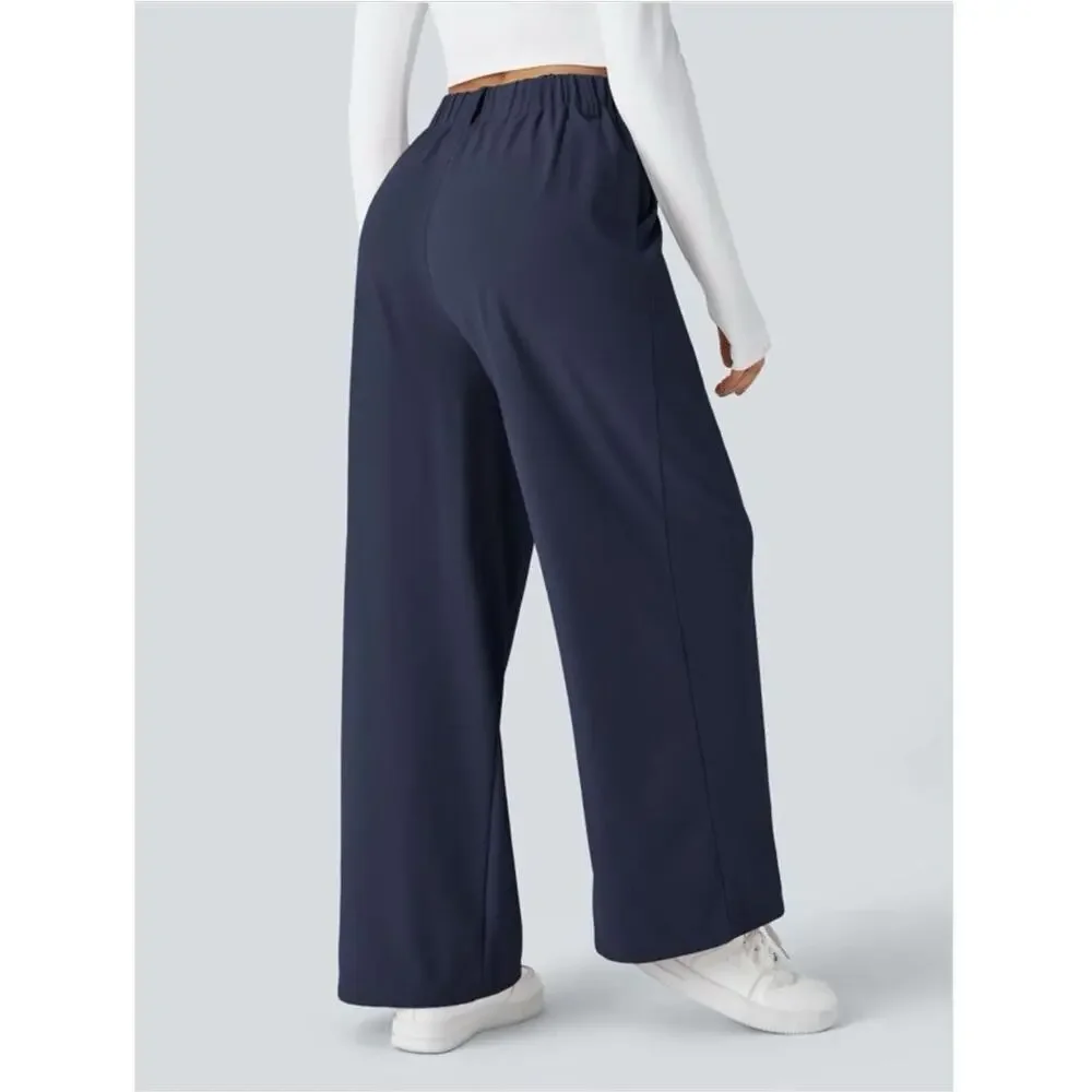 Halara Blue Pull On High Rise Pleated Wide Leg Stretch Knit Trouser Pants Sz LP - Picture 8 of 15